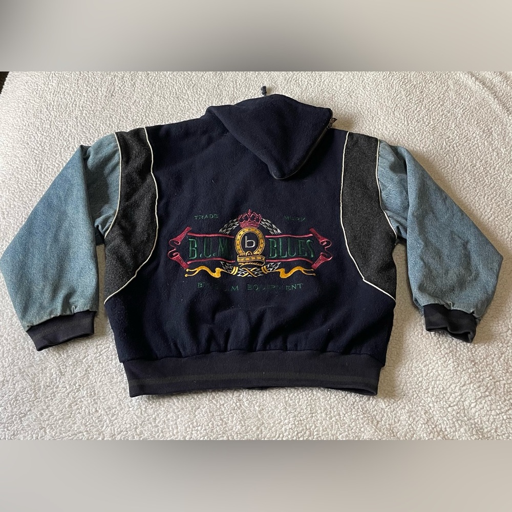 Vintage BUM Equipment Full Zip Hooded Varsity Bomber Denim Jacket Men Large RARE